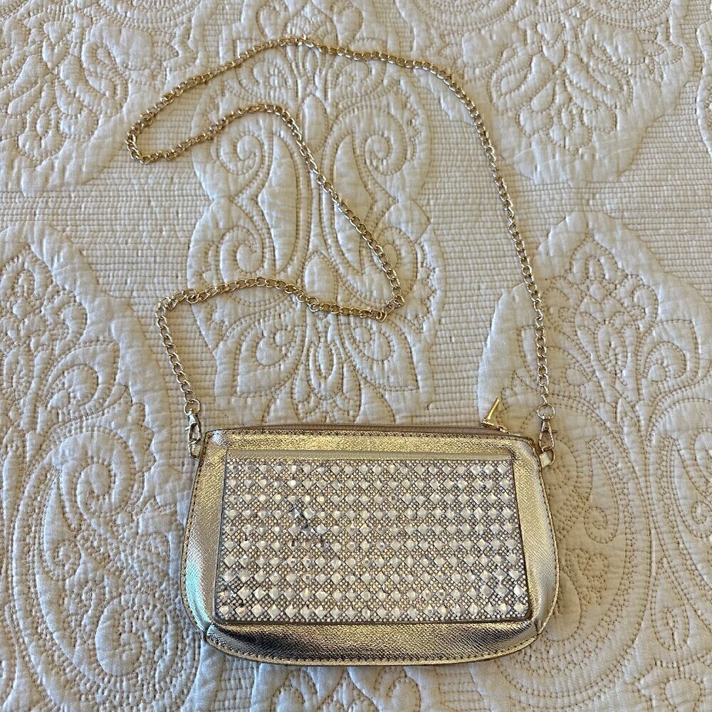 Gold crystal embellished beaded evening bag with chain strap